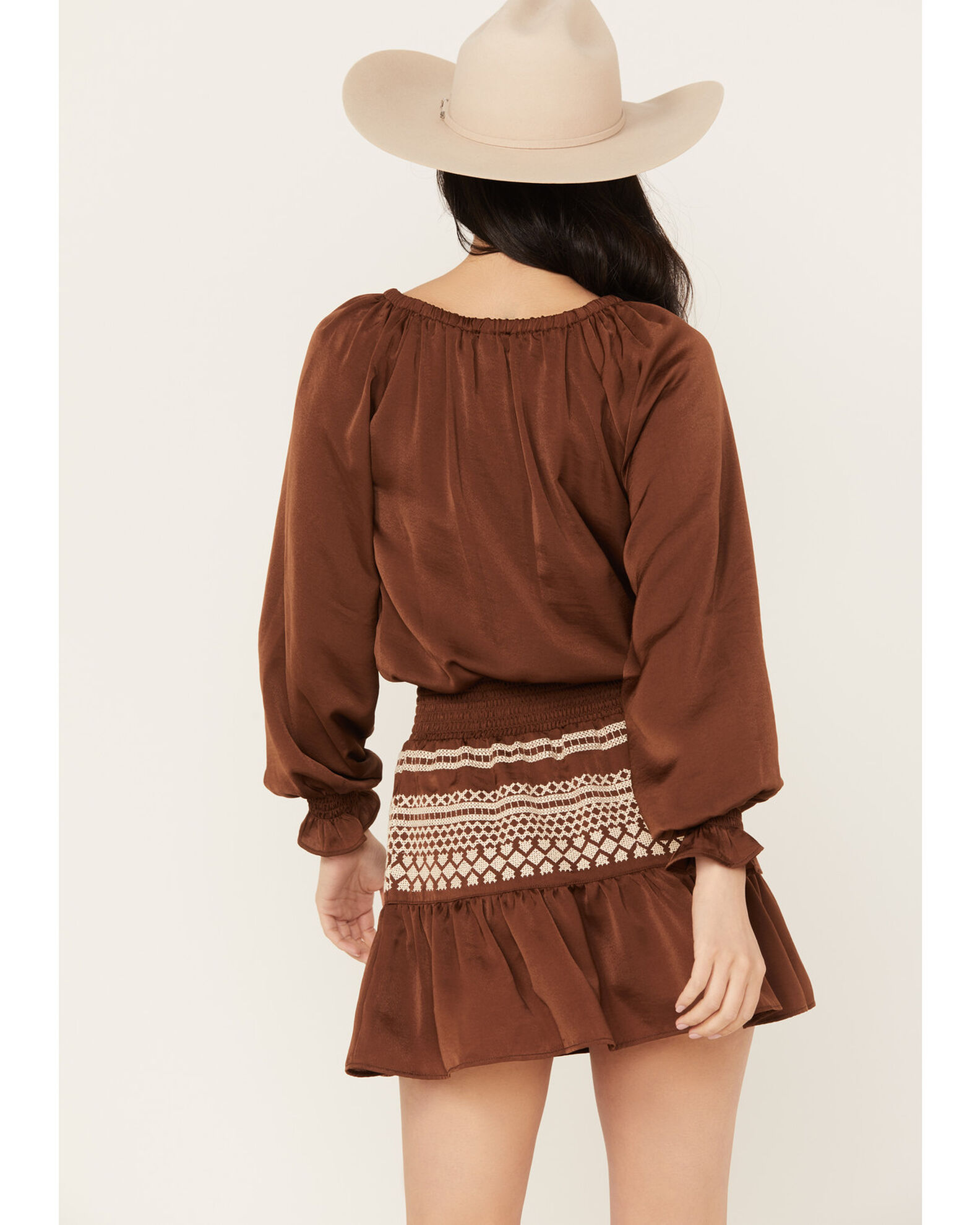 Image #4 - Shyanne Women's Satin Peasant Mini Dress, Dark Brown, hi-res