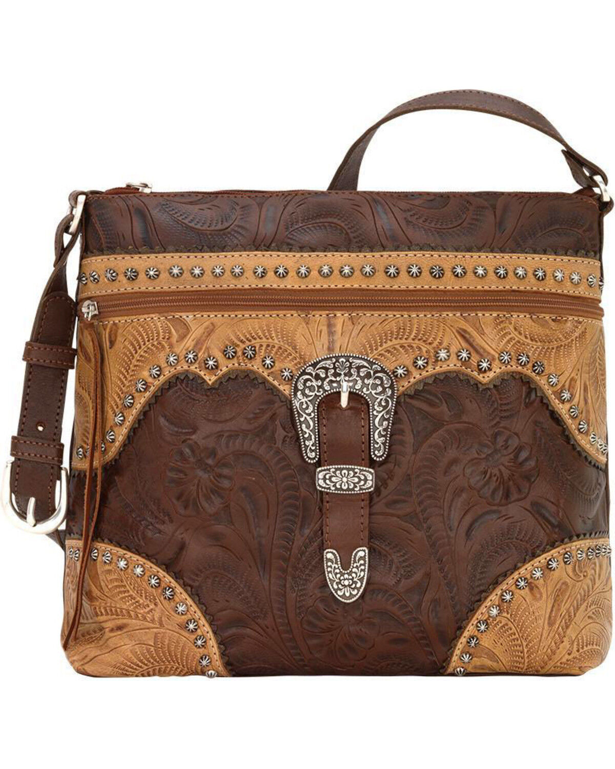 Image #1 - American West Women's Saddle Ridge Zip Top Shoulder Bag, Chestnut, hi-res