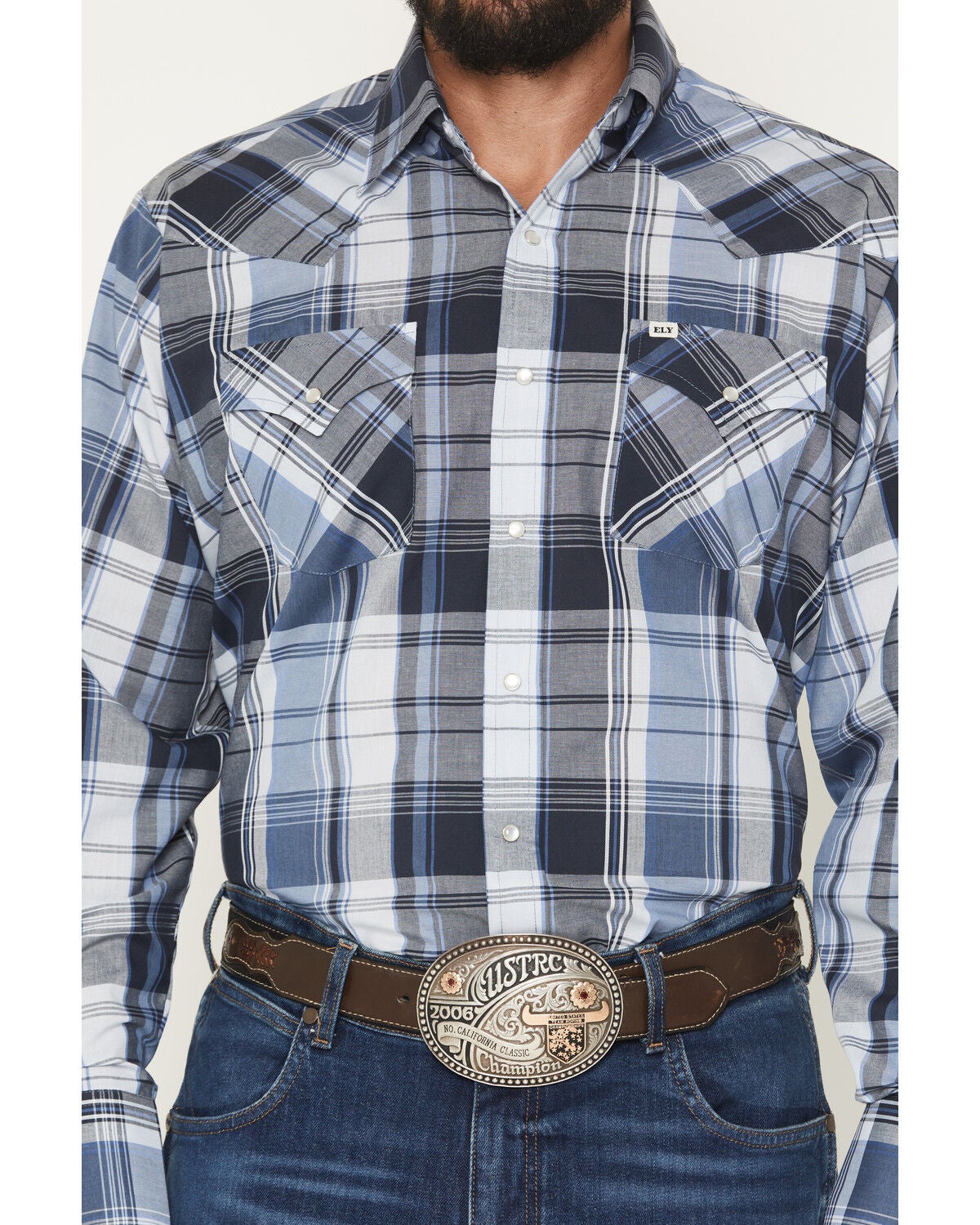 Image #3 - Ely Walker Men's Plaid Print Long Sleeve Pearl Snap Western Shirt, Blue, hi-res