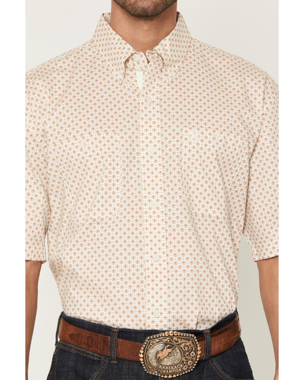 Image #3 - George Strait by Wrangler Men's Geo Print Short Sleeve Button-Down Stretch Western Shirt, Tan, hi-res