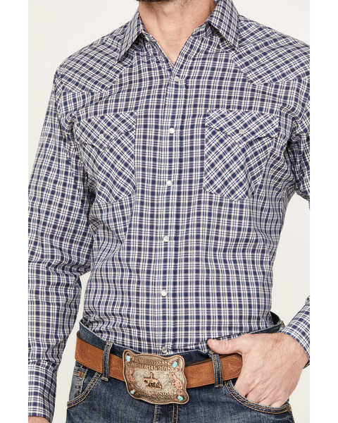 Image #3 - Ely Walker Men's Plaid Print Long Sleeve Pearl Snap Western Shirt - Big, Navy, hi-res