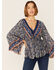 Angie Women's Paisley Print Lace Neck Long Bell Sleeve Top, Navy, hi-res