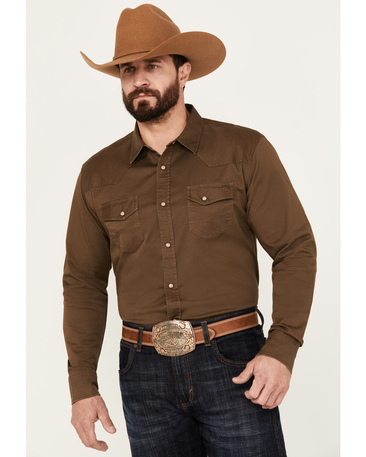 Image #1 - Blue Ranchwear Men's Solid Twill Long Sleeve Snap Stretch Western Shirt, Bark, hi-res
