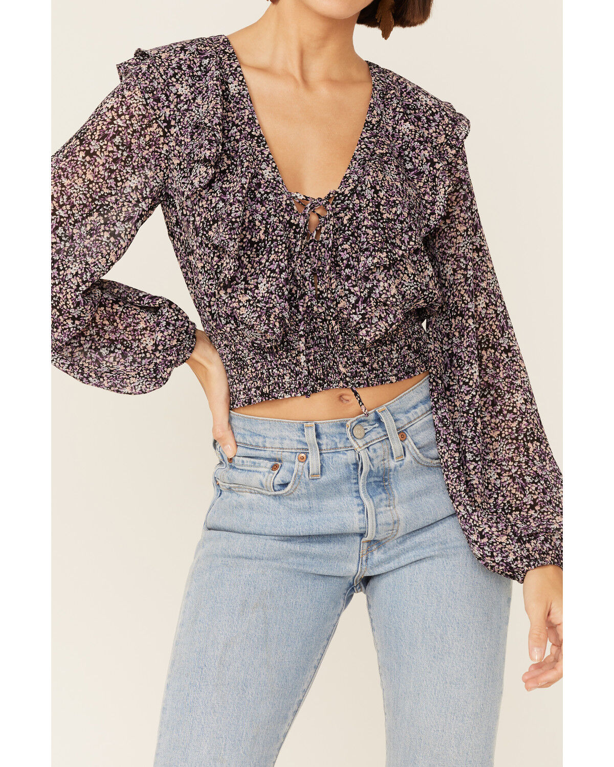 Image #2 - Lush Women's Floral Cinch Front Top, Blue, hi-res