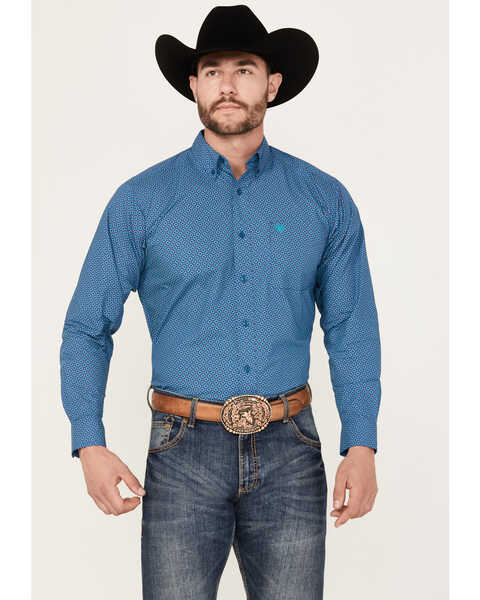 Ariat Men's Braxton Medallion Print Long Sleeve Button-Down Western Shirt, Blue, hi-res