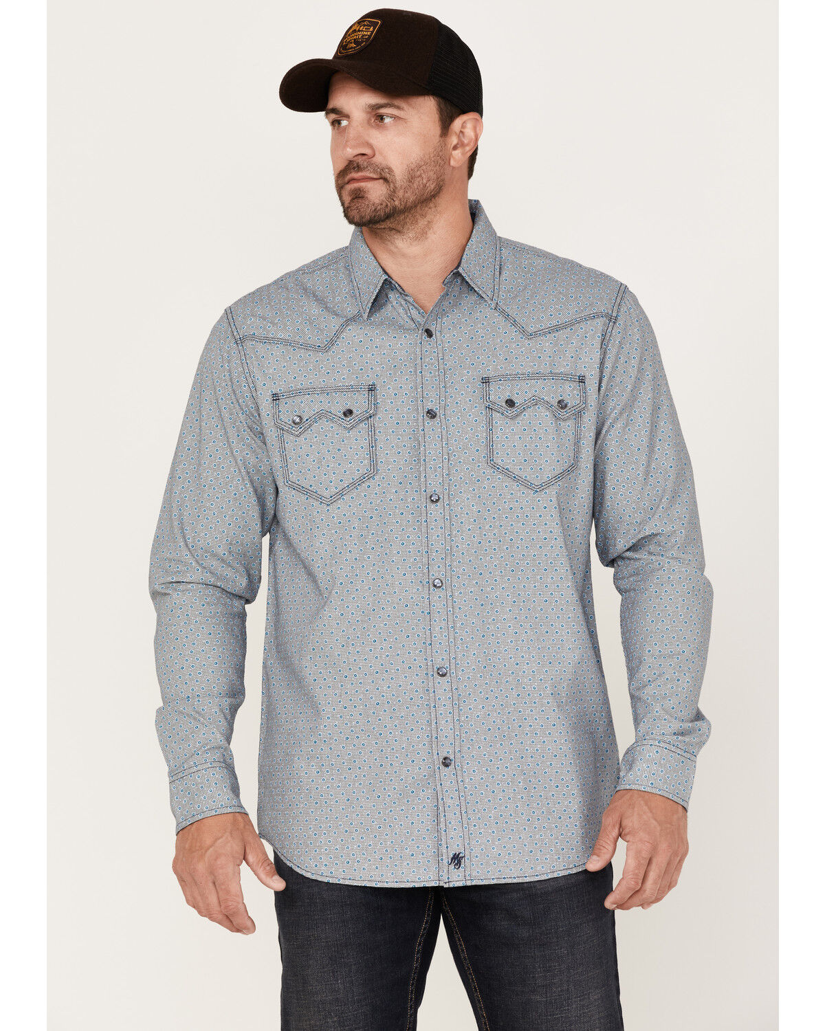 Image #1 - Moonshine Spirit Men's Bull Eye Floral Plaid Print Long Sleeve Pearl Snap Western Shirt, Navy, hi-res
