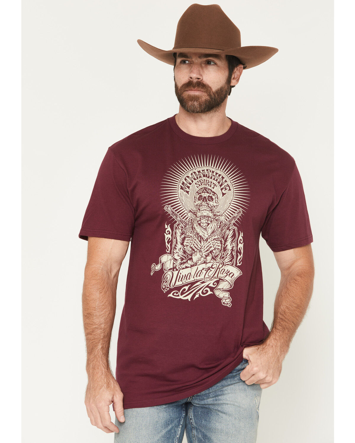 Image #1 - Moonshine Spirit Men's Viva La Raza Short Sleeve Graphic T-Shirt, Burgundy, hi-res