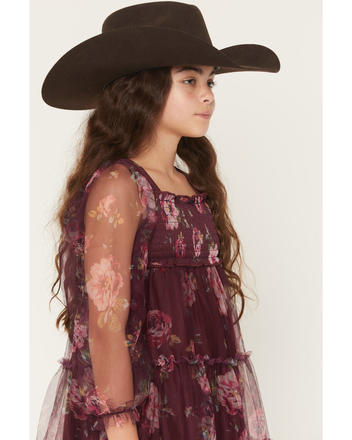 Image #2 - Sugar California Girls' Floral Print Long Sleeve Mesh Dress, Burgundy, hi-res