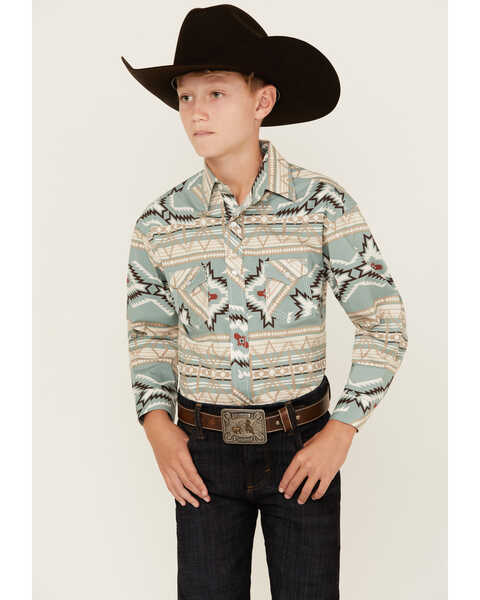 Rock & Roll Denim Boys' Southwestern Print Long Sleeve Pearl Snap Western Shirt, Green, hi-res