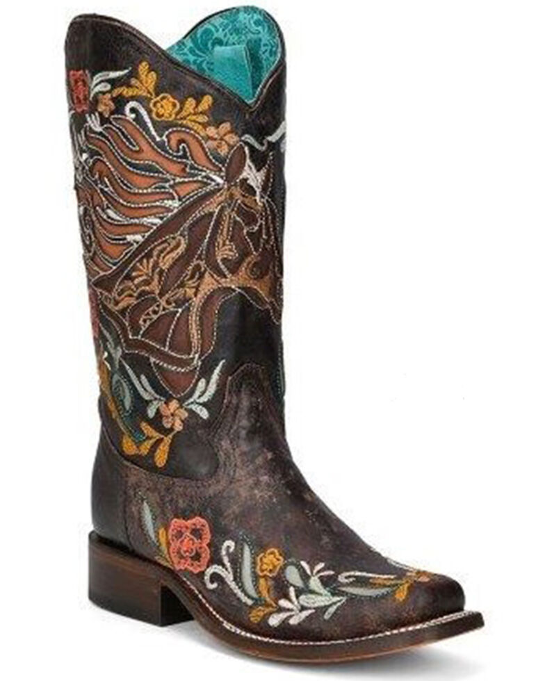 Corral Women's Floral Horse Inlay Tall Western Boots - Square Toe, Brown, hi-res