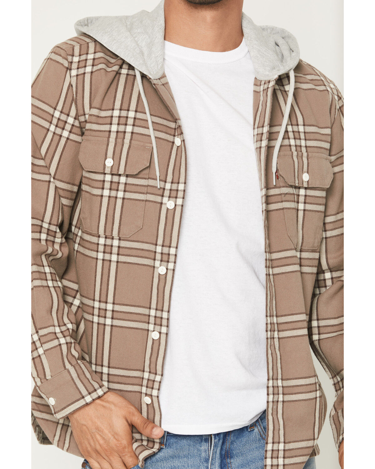 Image #3 - Levi's Men's Reeve Plaid Print Long Sleeve Button-Down Hooded Flannel Shirt, Tan, hi-res