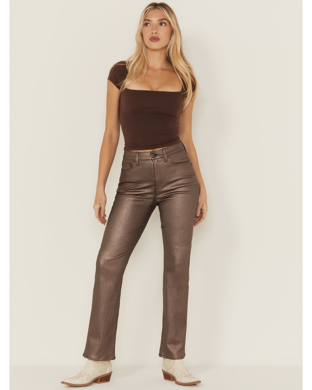 Image #1 - Daze Women's Sundaze High Rise Cropped Coated Stretch Pants, Brown, hi-res