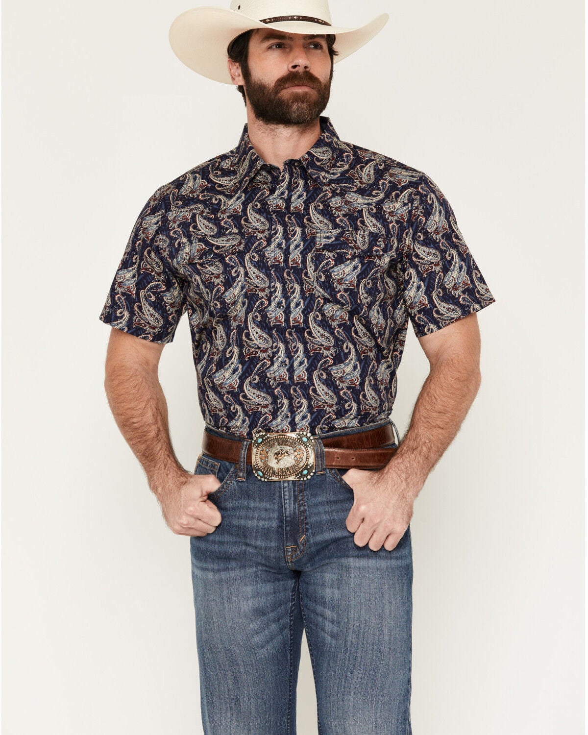 Cody James Men's Easy Livin' Paisley Print Short Sleeve Snap Western Shirt - Tall, Navy, hi-res