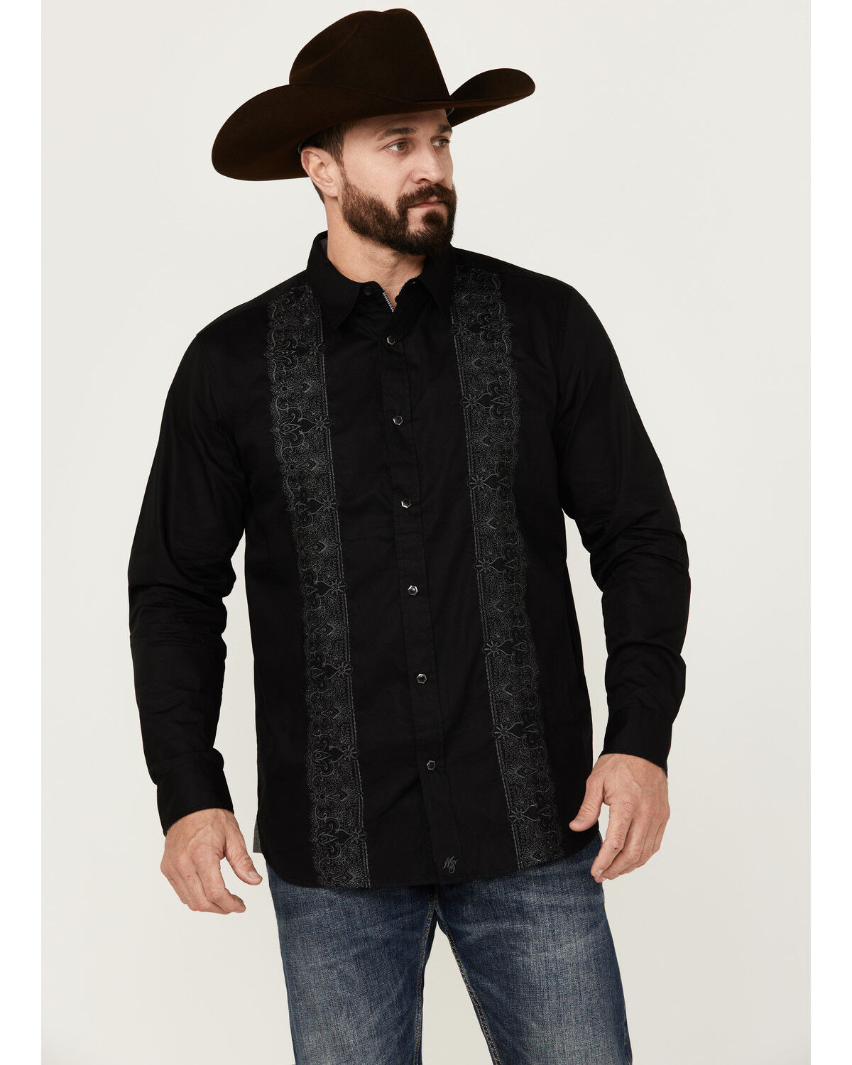 Image #1 - Moonshine Spirit Men's Embroidered Long Sleeve Snap Western Shirt, Black, hi-res