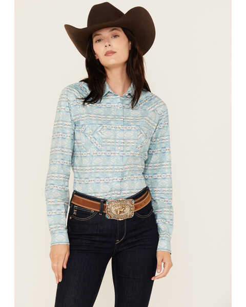 Image #1 - Rough Stock Women's Southwestern Print Long Sleeve Pearl Snap Stretch Western Shirt , Turquoise, hi-res