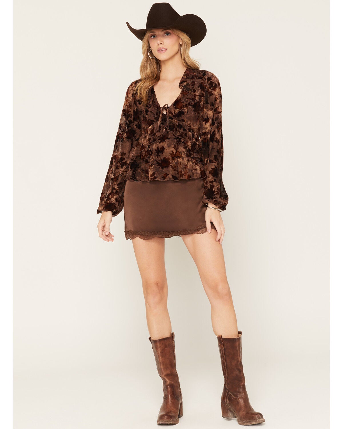 Image #1 - Cleo + Wolf Women's Lace Trim Satin Mini Skort, Brown, hi-res