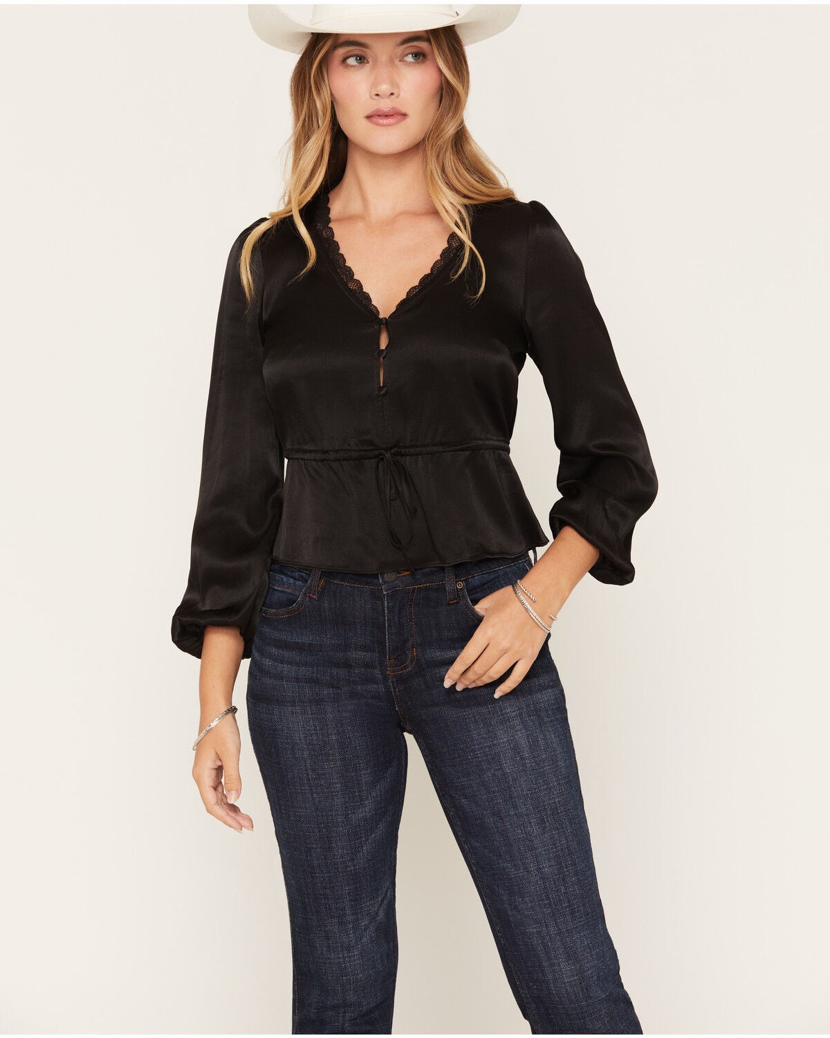 Idyllwind Women's Berwick Tie-Front Blouse, Black, hi-res
