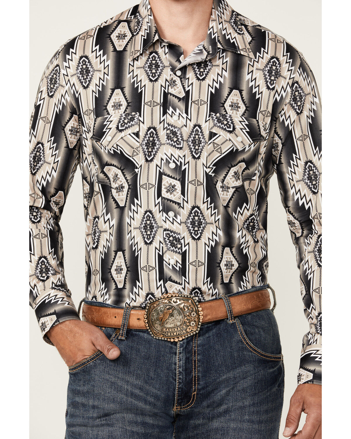 Image #3 - Rock & Roll Denim Men's Southwestern Print Long Sleeve Snap Stretch Western Shirt, Dark Brown, hi-res