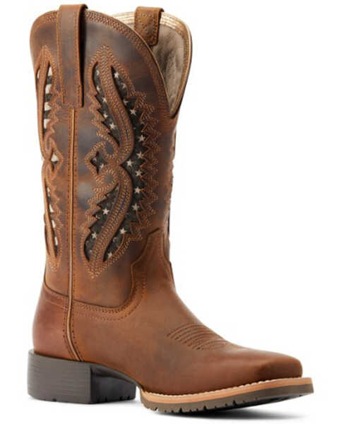 Ariat Women's Hybrid Rancher VentTEK Distressed Western Performance Boots - Broad Square Toe, Brown, hi-res