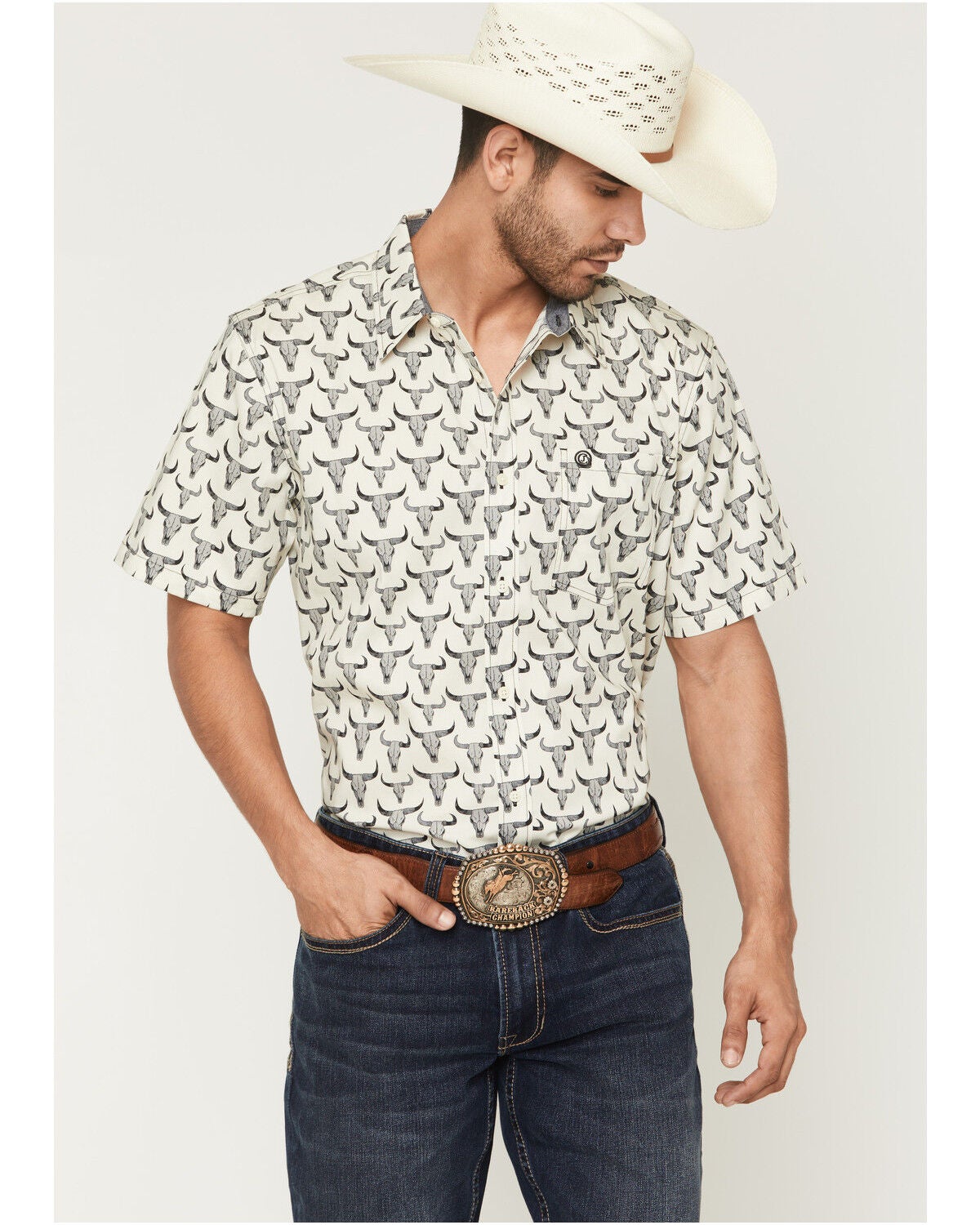 Image #1 - Cody James Men's Toro Steer Head Print Short Sleeve Button-Down Stretch Western Shirt - Big, Tan, hi-res