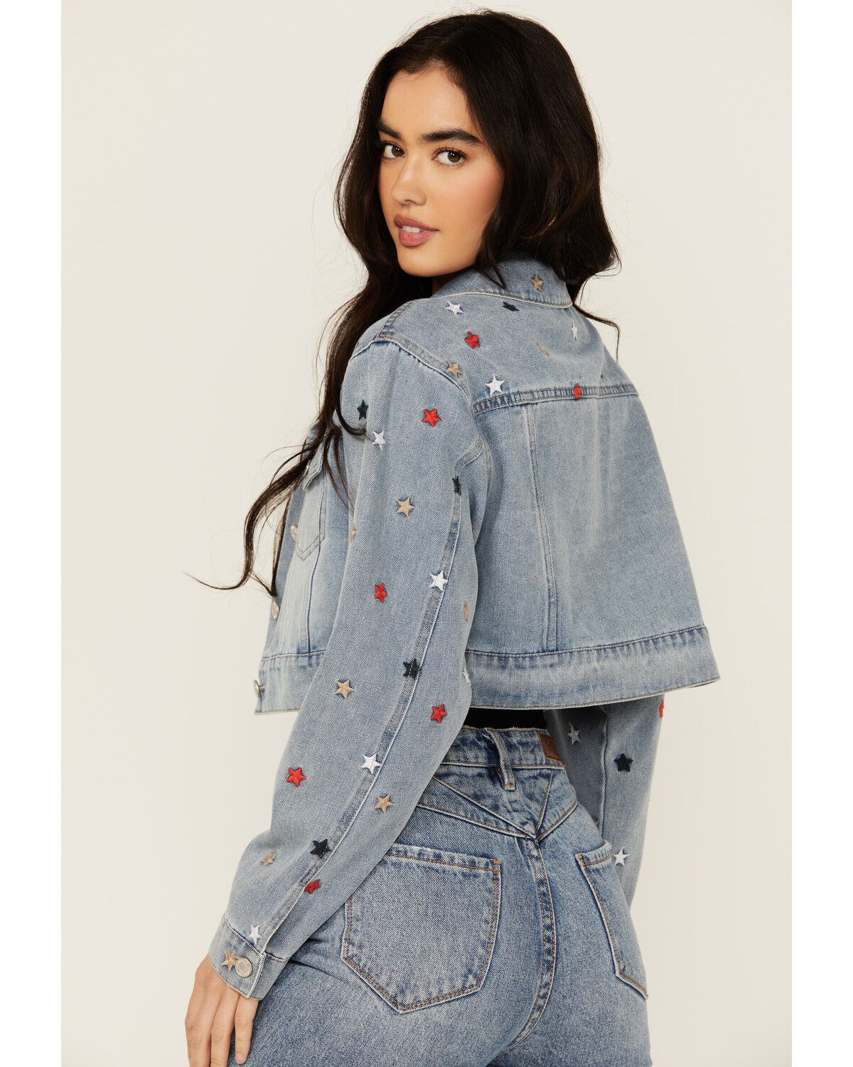 Image #4 - Stoosh Women's Medium Wash Star Embroidered Cropped Denim Jacket, Medium Wash, hi-res