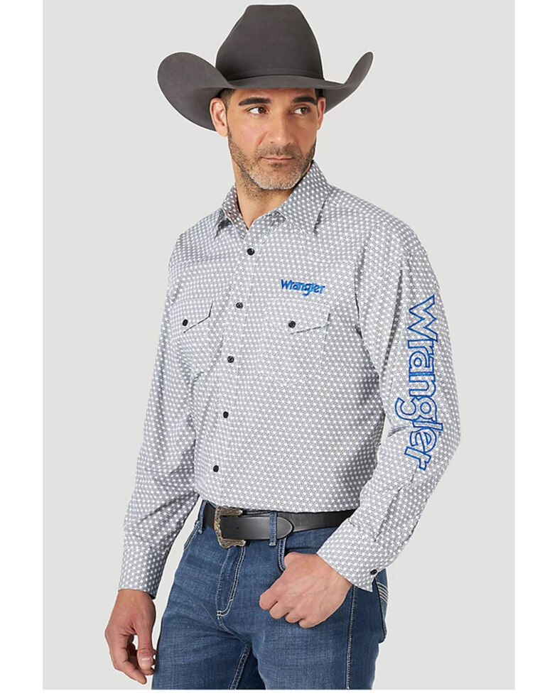 Wrangler Men's Logo Geo Print Long Sleeve Button-Down Western Shirt , White, hi-res