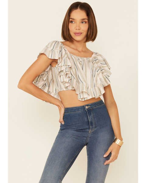 Image #1 - Angie Women's Stripe Butterfly Short Sleeve Crop Top , Cream, hi-res