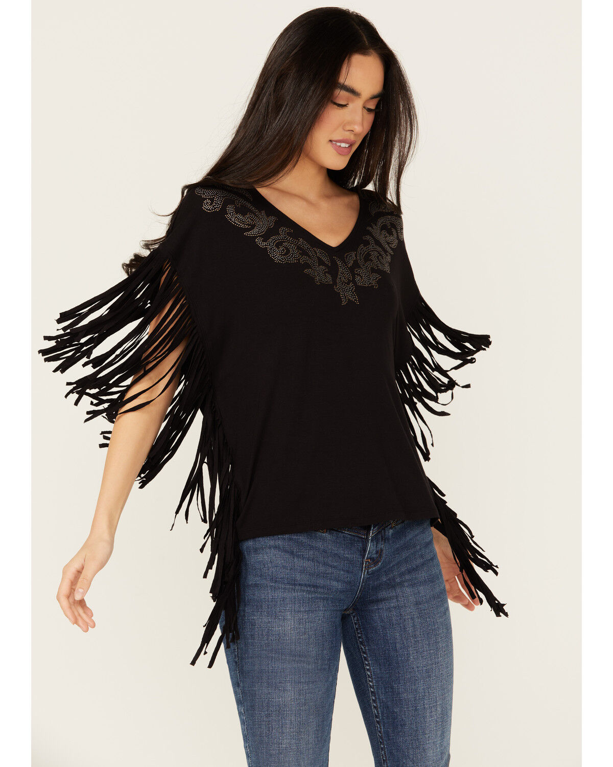 Image #1 - Idyllwind Women's Milner Fringe Short Sleeve Studded Shirt, Black, hi-res