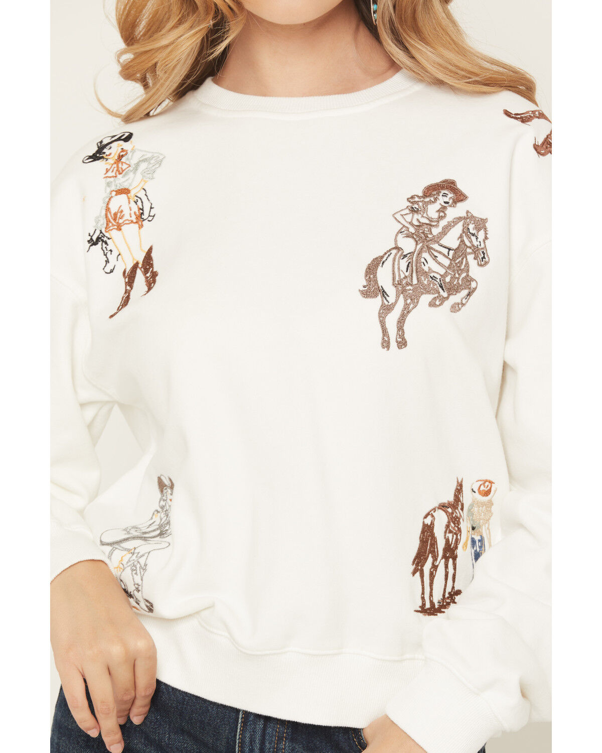 Image #3 - Blue B Women's Cowgirl Conversation Embroidered Crewneck, White, hi-res