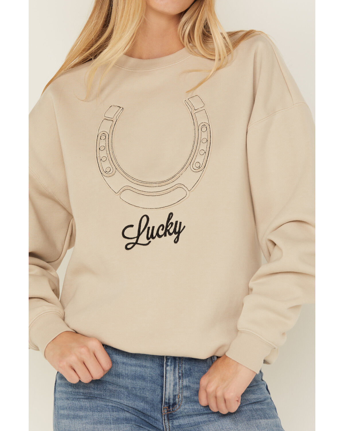 Image #3 - Youth in Revolt Women's Embroidered Lucky Crewneck Sweatshirt, Cream, hi-res