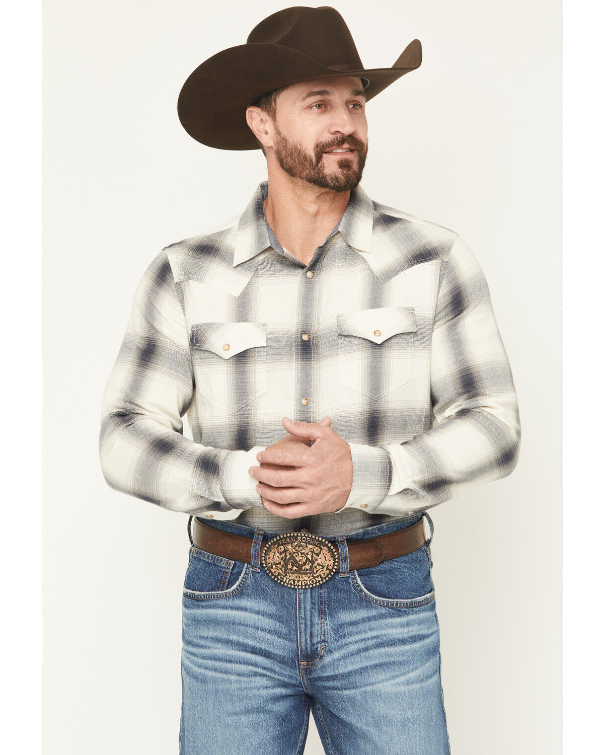 Image #1 - Cody James Men's Ruddiman Plaid Print Long Sleeve Snap Western Shirt - Big, Cream, hi-res