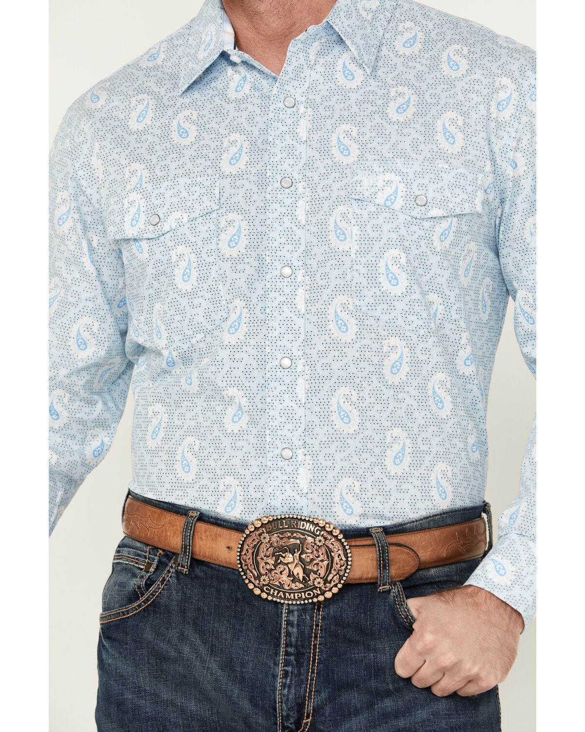 Image #3 - Panhandle Men's Paisley Print Long Sleeve Pearl Snap Western Shirt, Light Blue, hi-res
