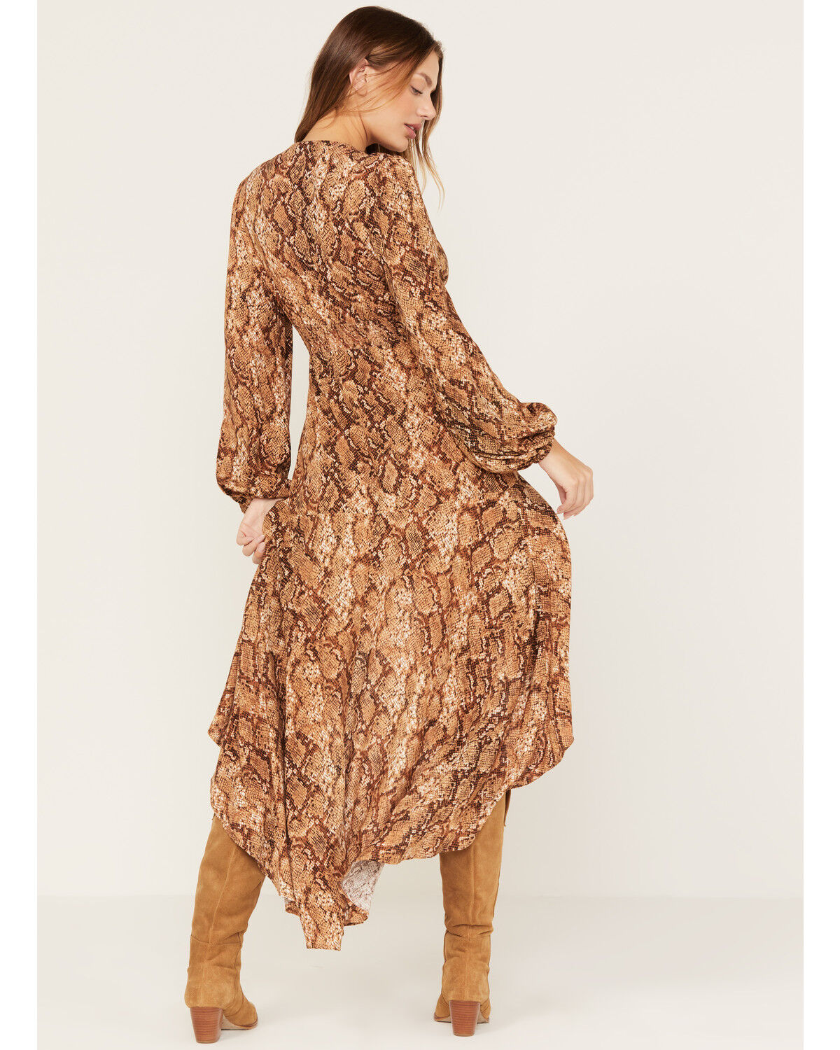 Image #4 - Shyanne Women's Snake Print Ruffle High-Low Dress, Taupe, hi-res