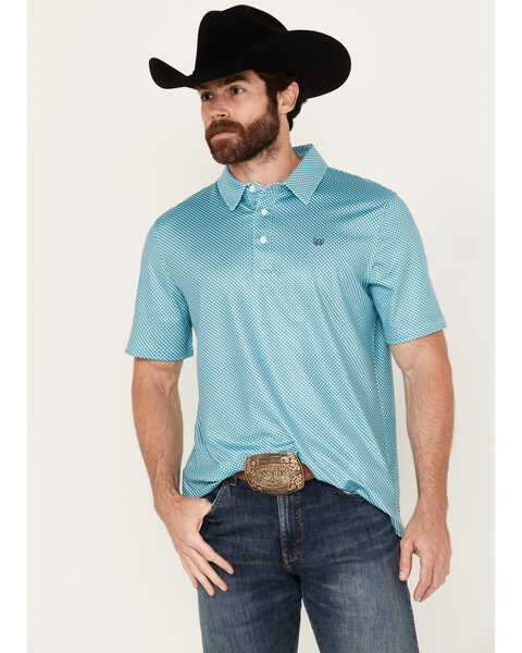 Image #1 - Panhandle Men's Geo Print Short Sleeve Performance Button-Down Polo, Turquoise, hi-res