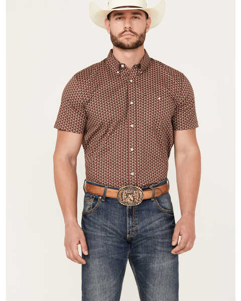 Image #1 - RANK 45® Men's Baytown Geo Print Short Sleeve Button-Down Western Shirt, Brick Red, hi-res