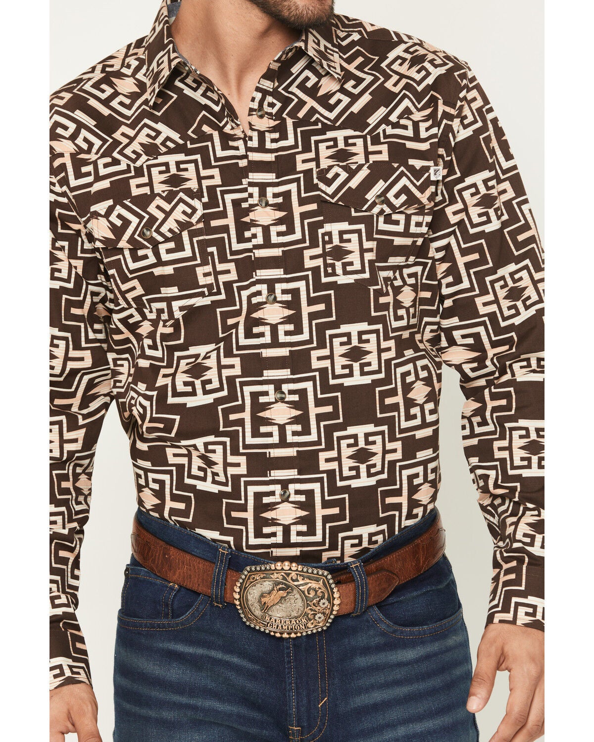 Image #3 - RANK 45&reg; Men's Mount Hood Southwestern Print Long Sleeve Snap Stretch Western Shirt, Brown, hi-res