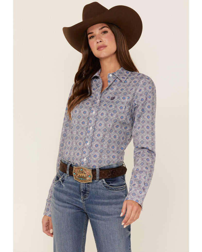 Cinch Women's Tile Print Long Sleeve Button-Down Western Shirt, Purple, hi-res