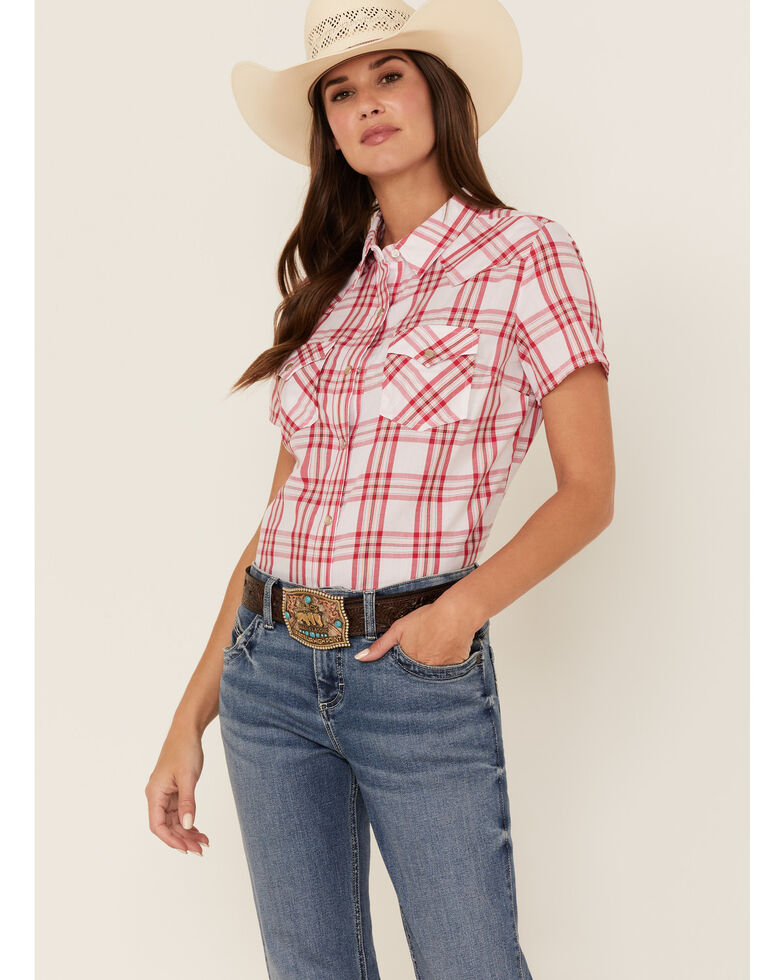 Wrangler Women's Essential Plaid Print Short Sleeve Snap Western Shirt, Red, hi-res