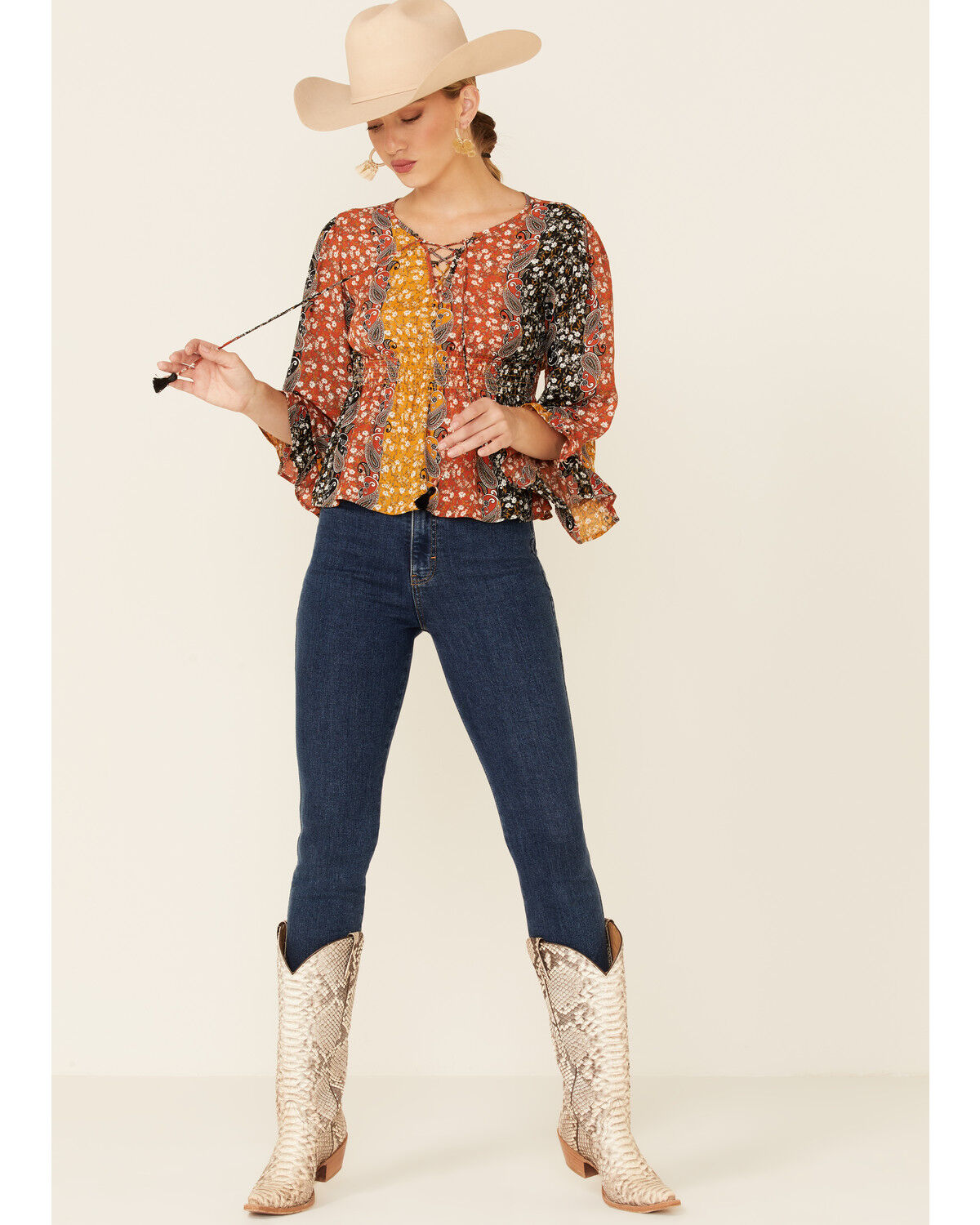 Image #2 - Shyanne Women's Boho Floral Stripe Bell Sleeve Top, Black, hi-res