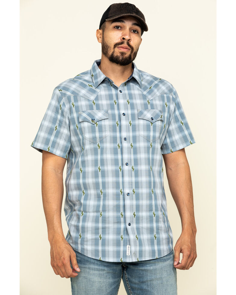 Moonshine Spirit Men's Cooler Cactus Plaid Short Sleeve Western Shirt , Blue, hi-res