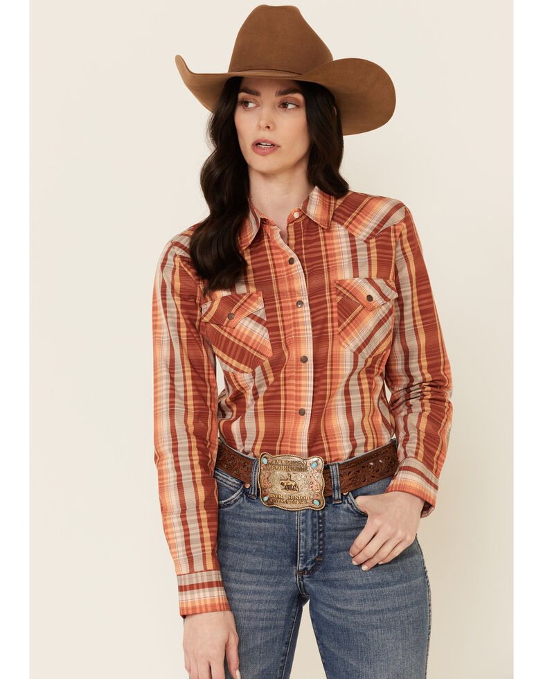 Wrangler Women's Rust Plaid Long Sleeve Snap Western Core Shirt , Rust Copper, hi-res