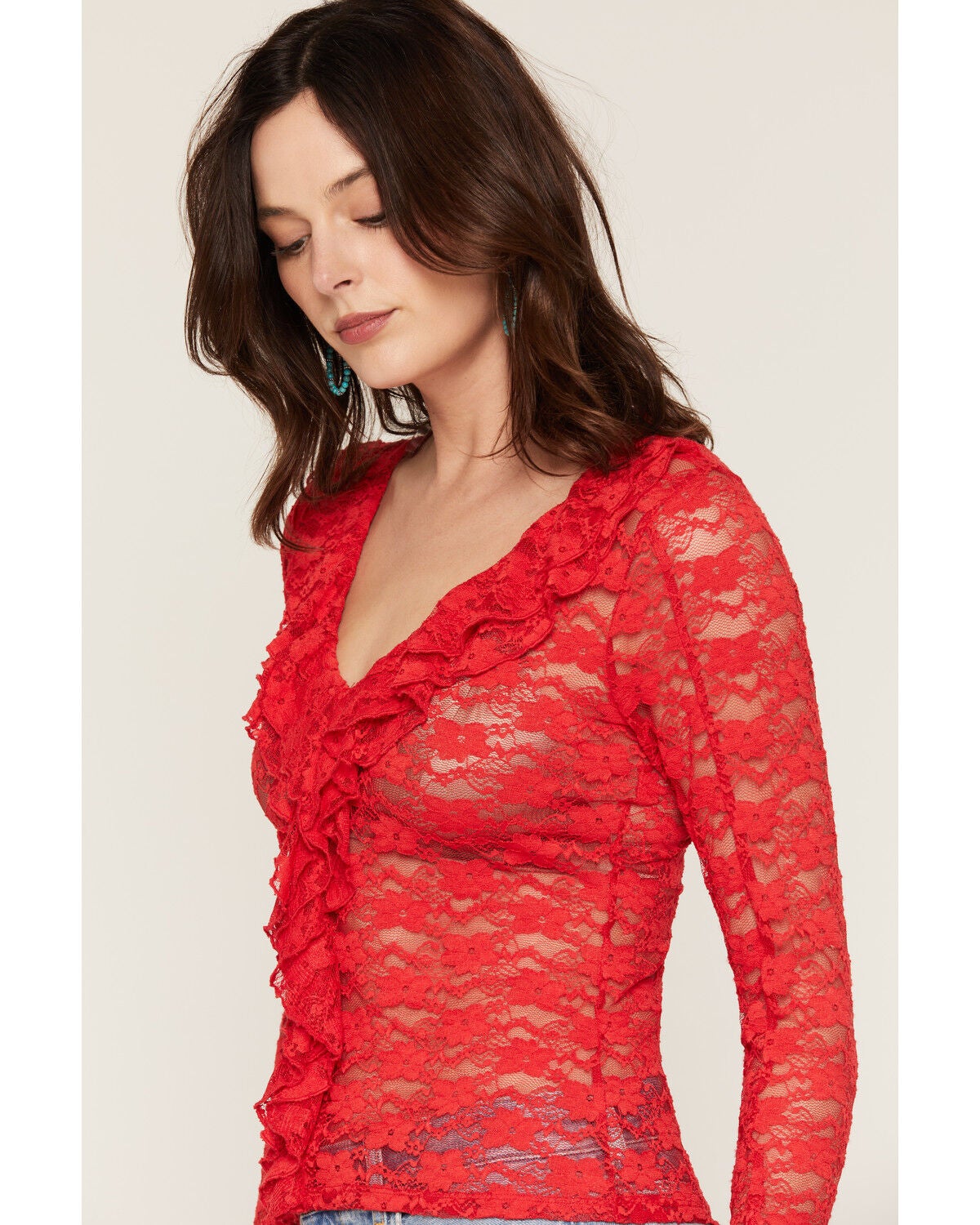 Image #2 - Trixxi Women's Ruffle Front Lace Top, Red, hi-res