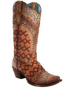 Corral Women's Straw Inlay Embroidered Stud Cowgirl Boots - Snip Toe, Brown, hi-res