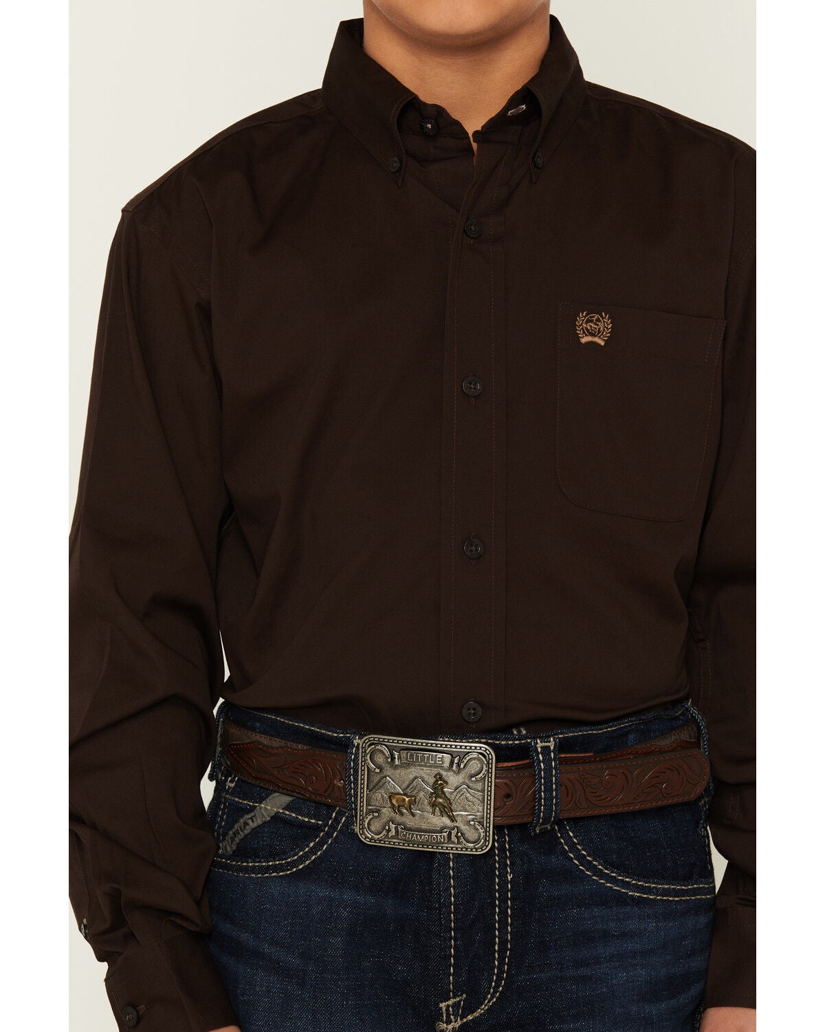 Image #3 - Cinch Boys' Solid Long Sleeve Button-Down Western Shirt, Brown, hi-res