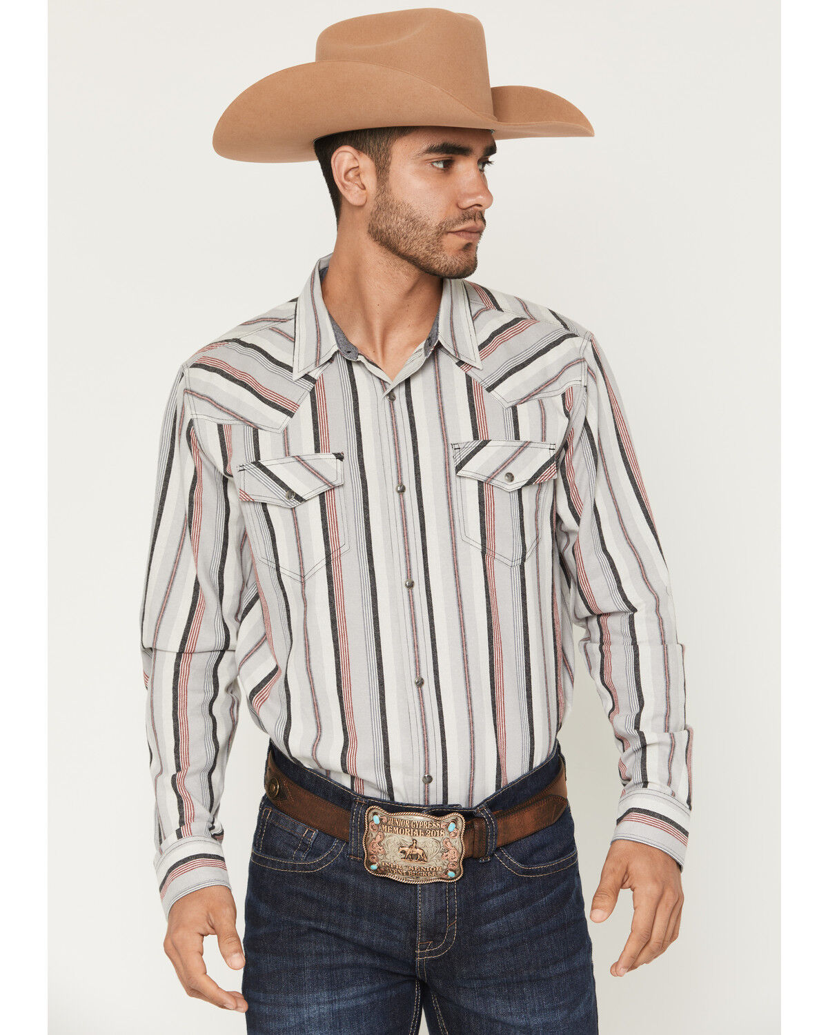 Image #1 - Cody James Men's Saddle Ridge Striped Print Long Sleeve Snap Western Shirt, Grey, hi-res