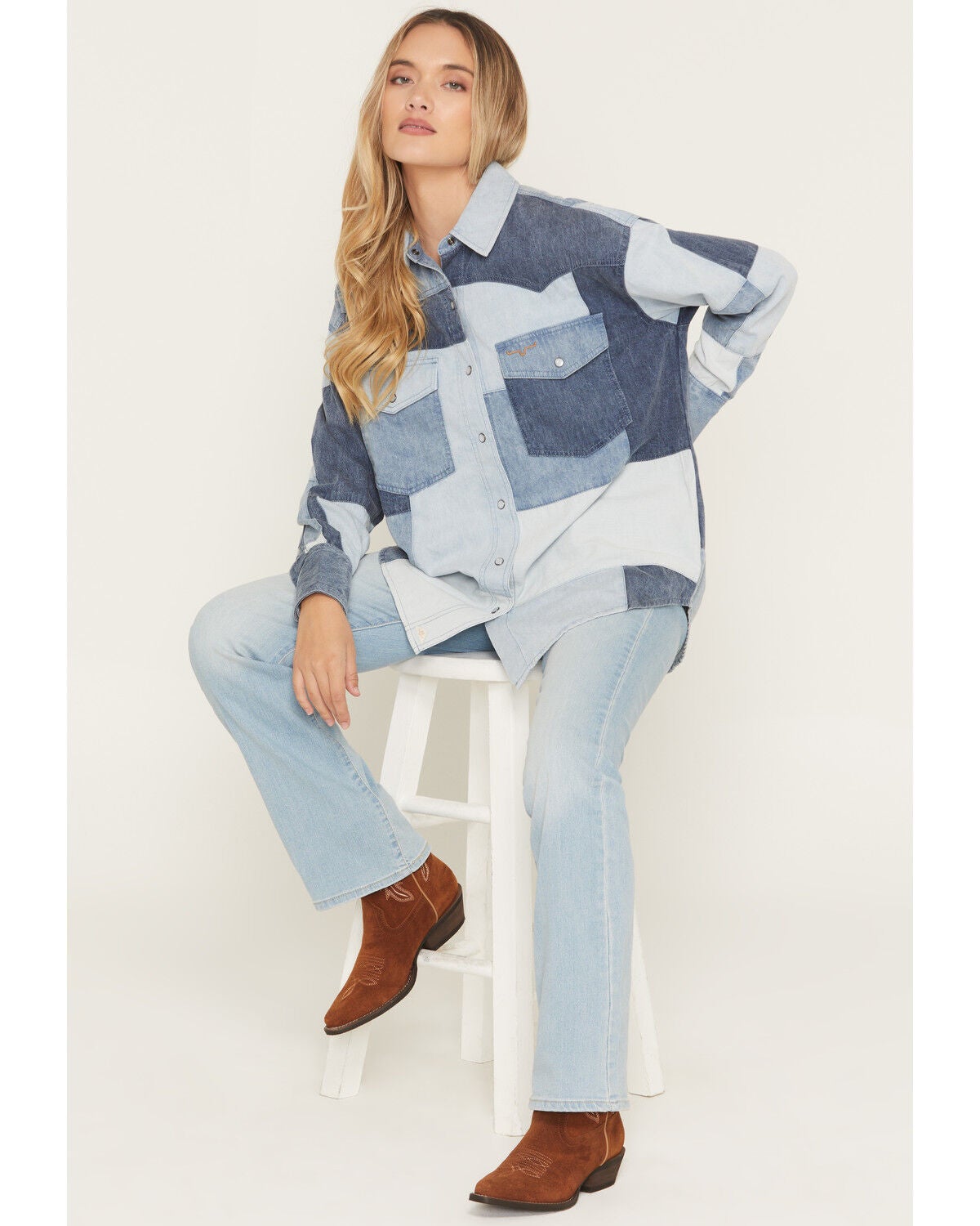 Kimes Ranch Women's Olly Patchwork Long Sleeve Snap Denim Shirt, Blue, hi-res