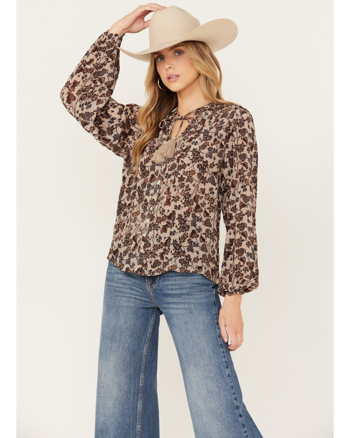 Image #1 - Revel Women's Floral Print Long Sleeve Peasant Top, Taupe, hi-res