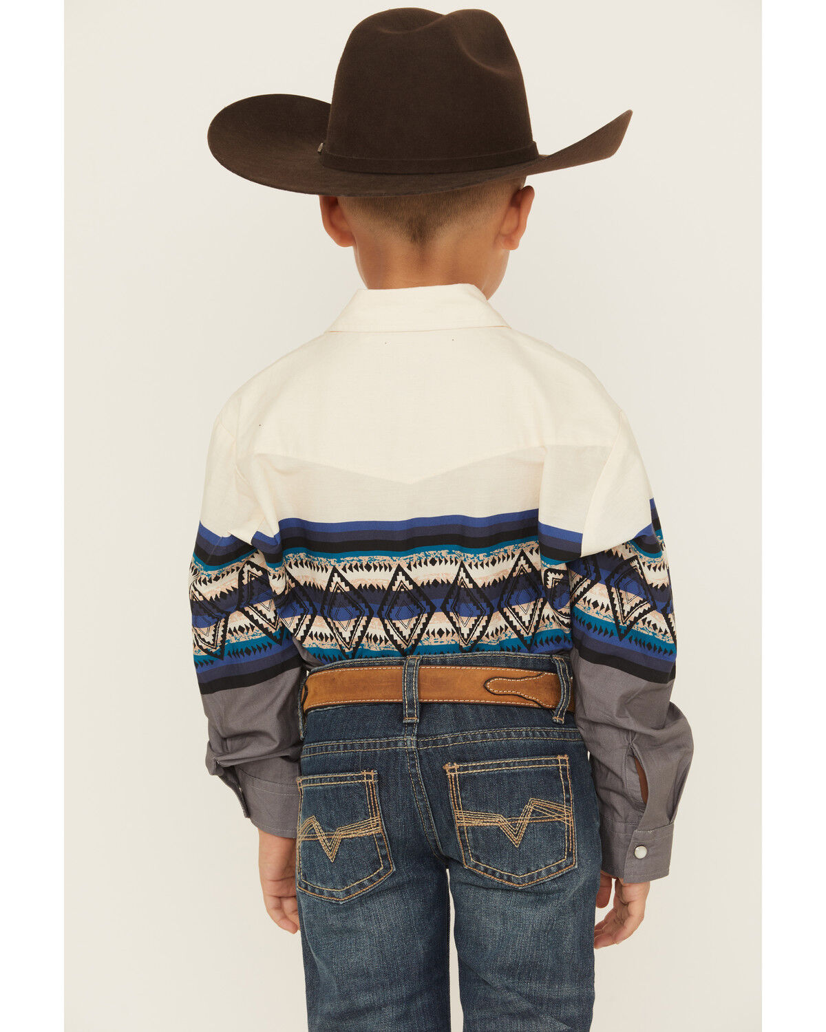 Image #4 - Roper Boys' Southwestern Striped Border Print Long Sleeve Pearl Snap Western Shirt, Blue, hi-res