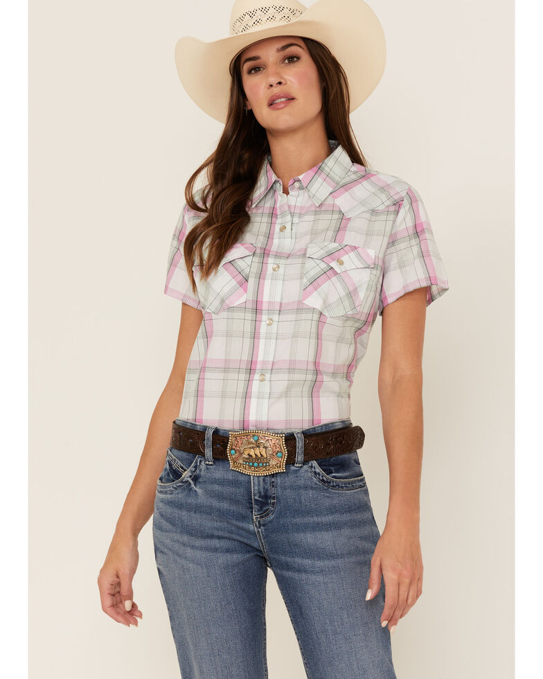 Wrangler Women's Essential Plaid Print Short Sleeve Snap Western Shirt, Pink, hi-res
