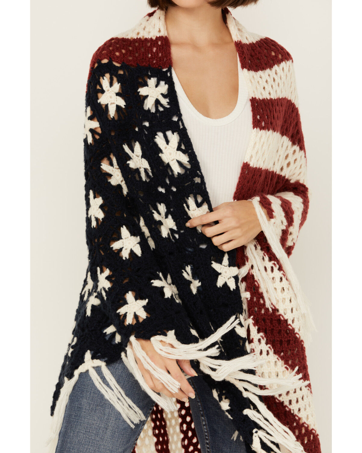 Image #3 - Shyanne Women's Americana Fringe Crochet Shawl, Red/white/blue, hi-res